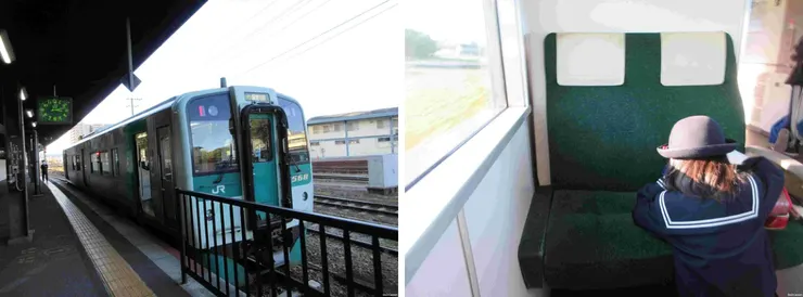 前往阿波川島的火車(左) / 一上車就趴在椅子上寫功課的小女生 (右)