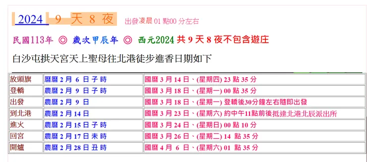 白沙屯媽祖進行行程表