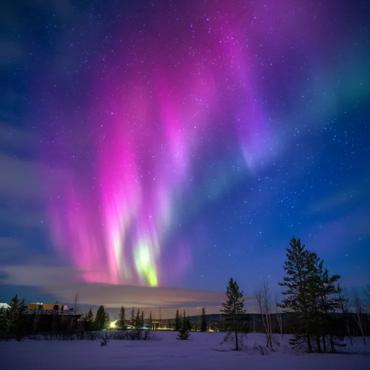 A 16K image of the Hyper Aurora Borealis above the night sky of Canada. The sky is filled with vibrant shades of pink, purple, blue, and green, with the most intense colors near the horizon. The background reveals a few buildings and trees. The foreground contains a few trees. The ground is covered with fresh snow.