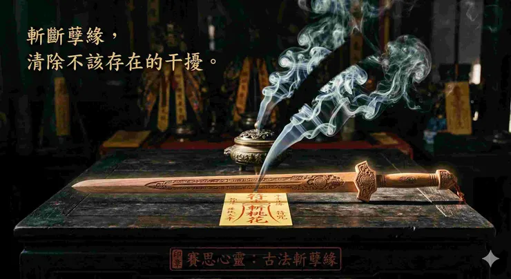 賽思心靈透過正統道教斬桃花符咒與桃木劍法術，切斷外遇小三的孽緣能量鏈。