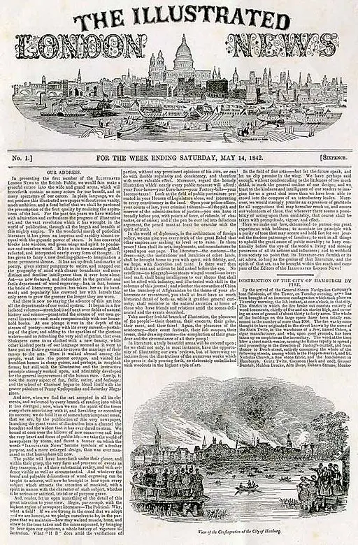 倫敦畫報，1842年5月14日。圖片來源：Wiki Commons, "Illustrated London News - front page - first edition.jpg"