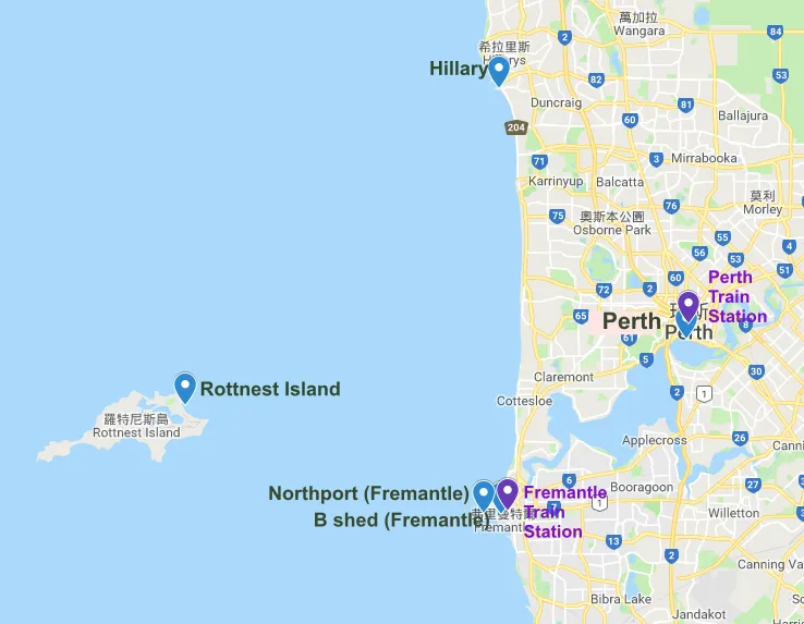 大部分的船班是從Fremantle的B Shed港口出發，從伯斯搭火車到Fremantle火車站在徒步即可到達B Shed港口。