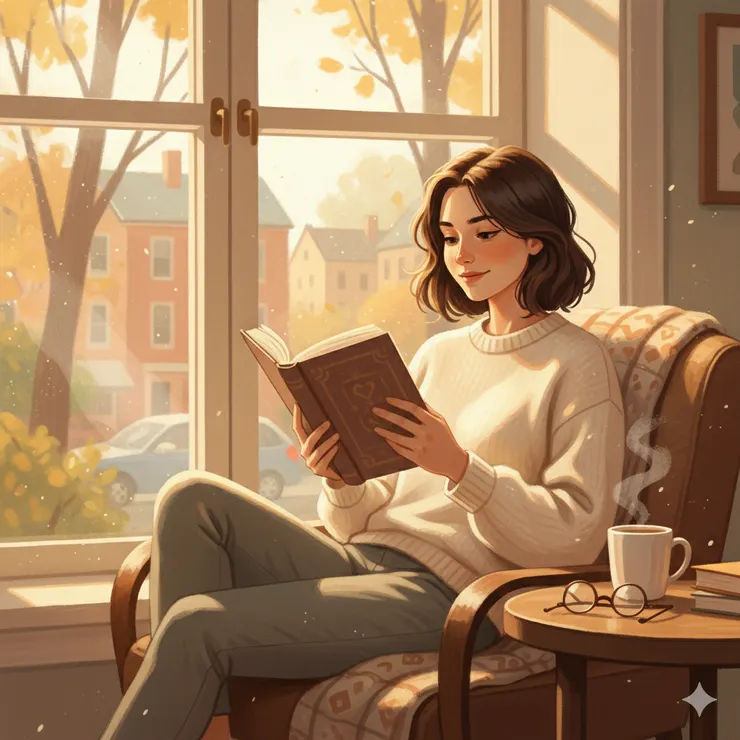 一位短髮女生，坐在窗邊看書，午後陽光，溫暖插畫風格