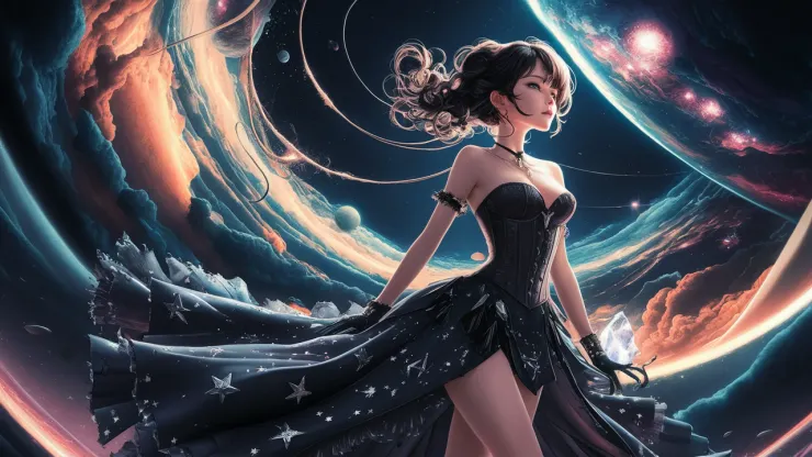 A captivating anime-inspired poster featuring a stylish girl gazing up at the vast, star-filled sky. She wears a dark, fashionable outfit consisting of a black corset and long, flowing skirt adorned with silver stars. Her hair flows like a comet, and she holds a mysterious crystal in her hand. The background showcases a vibrant, conceptual art representation of space, with galaxies, planets, and cosmic elements blending together. The overall atmosphere is a fascinating mix of dark fantasy and celestial wonder., anime, conceptual art, vibrant, dark fantasy, fashion, poster.