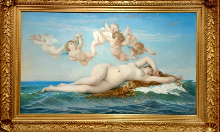 【法國畫家亞歷山大·卡巴內爾(Alexandre Cabanel) 於1863 年創作的《維納斯的誕生(The Birth of Venus)》，不同於後來的印象派，它是學院藝術(Academic art) 的經典範例之一，描繪羅馬神話中愛與美的女神維納斯從海浪中誕生的場景。 當年曾入選巴黎沙龍，並大受歡迎。】