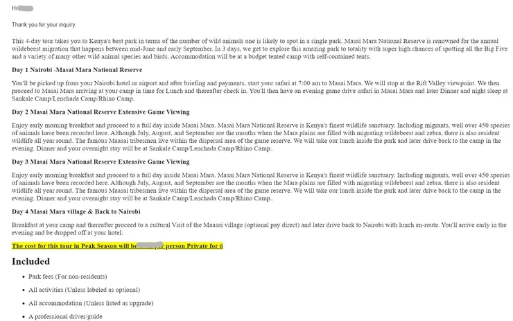 第一次回覆提供的初版行程和初版報價