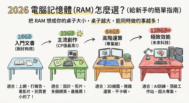 【2026 硬體指南】記憶體 (RAM) 容量分級:從文書到 AI 運算,規格完全分析