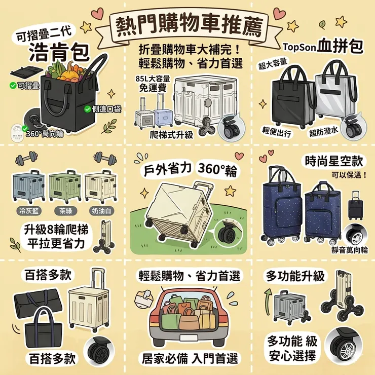 【購物推車推薦】去好市多全聯不想提斷手？Dcard/PTT買菜車評比：大學生/小資族必備，浩肯包/折疊購物車