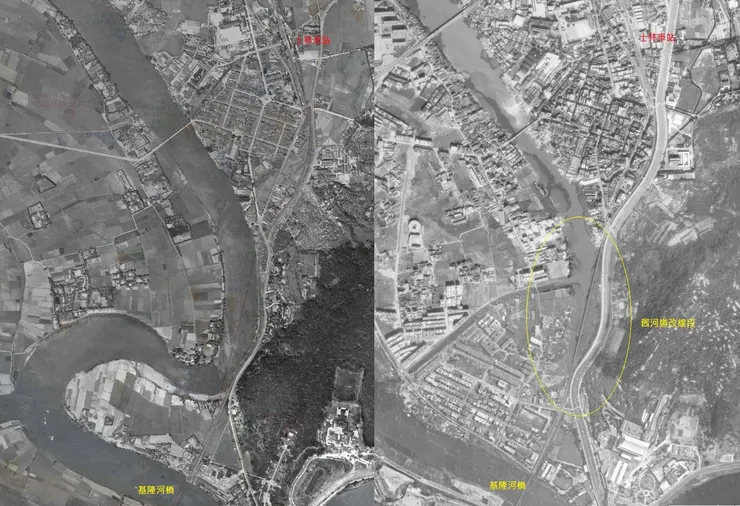 過去圓山士林間的基隆河蜿蜒曲折，但在台北市進行基隆河改道工程之後淡水線也西移至舊河道上。底圖為Google地圖可見今日捷運紅線（圖片來源：台灣百年歷史地圖；左-美軍航照影像(1945/4/1攝)、右-臺北市舊航照影像(1974)）