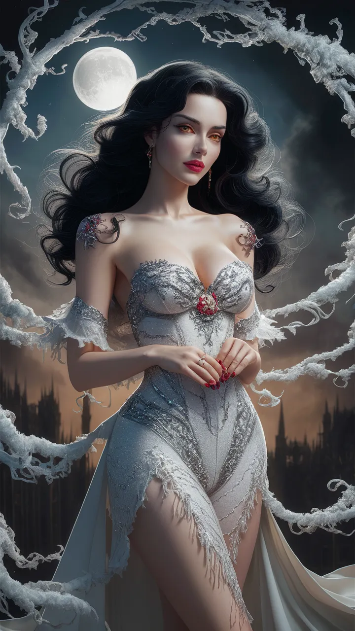 Vampirella, illustration, elegant pose, body perfect, long black hair cascading over shoulders, tasteful yet alluring costume, unity of shadow and light accentuating form, amber eyes captivating the viewer, backdrop of a moonlit gothic skyline, evoking mood of a chic nocturne, high contrast, cinematic quality, photo, poster, painting
