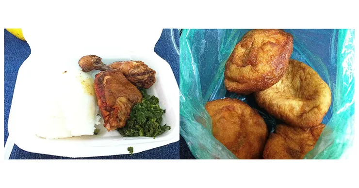 左：賴索托當地人的主食是玉米粉 (當地人發音類似粑粑)；右：麵粉炸的甜點 (當地人發音類似謀歸央還是馬歸央)