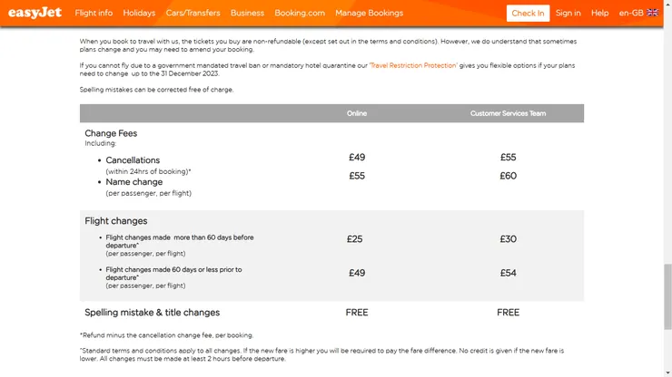 easyJet 官網上所列的手續費