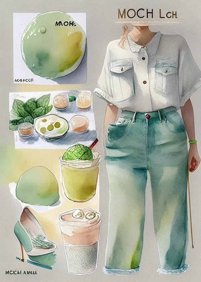 Mochi Ice Cream, Top light, Rough strokes, Fine Texture, Morning, Soft Color Tones, Tote bag, Denim Shirt, Fruit Juice, Bare-faced makeup, Detail-oriented, High-waisted Pants, Fisheye composition, Fair skin, Midday, Green Tea, Suit pants, Watercolor, Shorts for girl/woman, Skilled lines, Museum