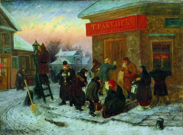 俄羅斯人民在寒冷的冬天等待酒館開門(Source: Л.И. Соломаткин, Утро у трактира, 1873 / Public Domain)