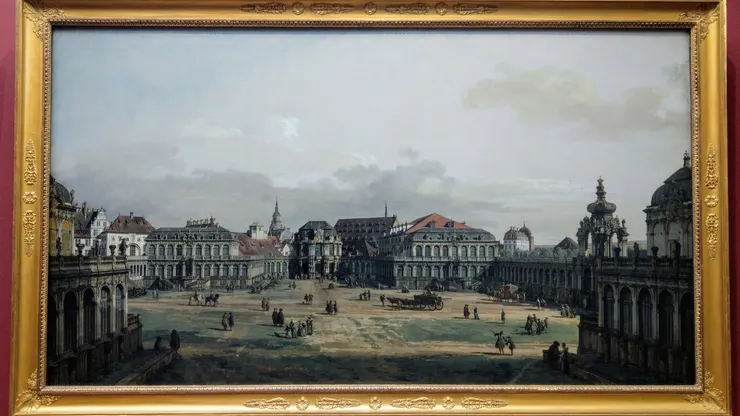 《德勒斯登茨溫格宮庭院》Der Zwingerhof in Dresden Bellotto, Bernardo, gen. Canaletto (1722-1780)： 貝洛托從城牆涼亭望向鐘樓和舊城區。茨溫格宮由波佩爾曼設計，用於巴洛克宮廷慶典；雕塑由珀莫澤創作。 1719 年，它成為薩克森選帝侯和哈布斯堡女大公結婚慶典的背景。 1727 年，強者奧古斯特開始在茨溫格宮的畫廊和涼亭中安裝藝術館的各個部分，包括右前方的數學和物理收藏。－引自網路