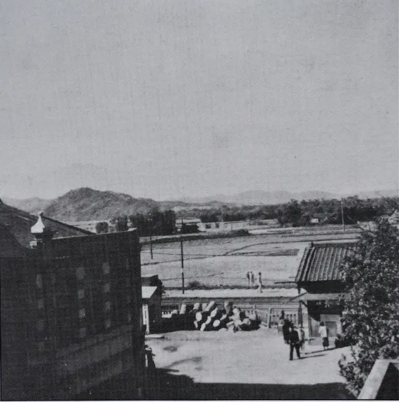 照片左上角遠處可以看見秀朗橋附近的尖山,火車站附近全是農田(圖片來源:文山社大顏文魁老師)