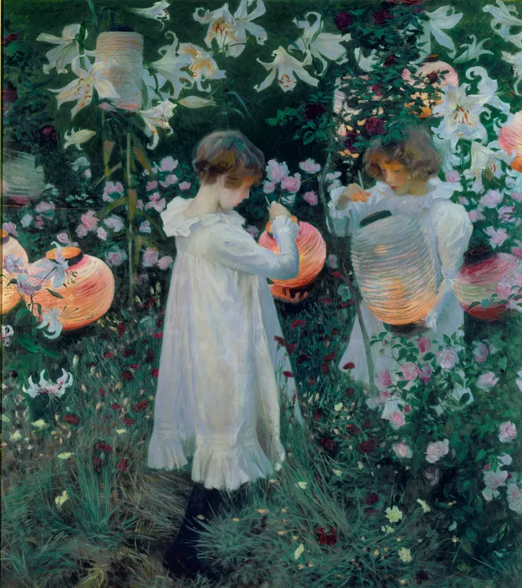 薩金特創作《康乃馨、百合、百合、玫瑰》（Carnation, Lily, Lily, Rose）的靈感來自他在 1885 年沿泰晤士河於潘伯恩（Pangbourne）划船時，他看到樹上掛著中國燈籠。他在藝術家弗朗西斯·大衛·米勒（Francis David Millet）的住所開始創作這幅畫，而畫中兩個小女孩波莉和她的妹妹多蘿西，實際上是藝術家弗雷德里克·巴納德（Frederick Barnard）的女兒。