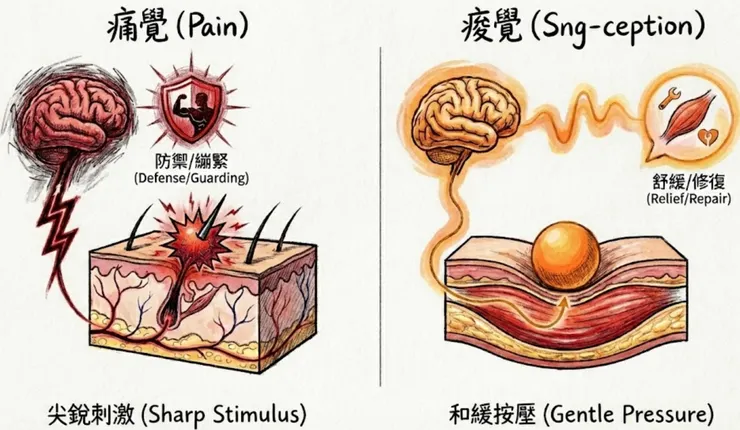 當刺激過強（痛覺）時，大腦會下令肌肉「武裝防禦」，導致越按越硬，而透過按摩球的深層、定力、柔和按壓，會通知大腦解除武裝，啟動修復機制。