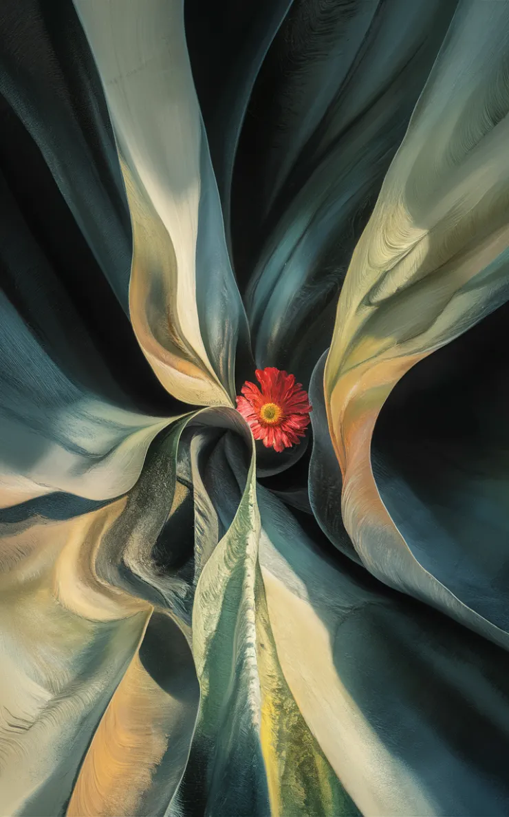A captivating 3D render of an abstract painting that masterfully explores the delicate equilibrium of shadow and light. The interweaving of these elements creates a sense of depth and movement, capturing the multifaceted aspects of life. A vibrant, standout flower is nestled within a vast expanse of spiraling colors and textures, symbolizing the unique journey each individual undertakes amidst the larger fabric of existence. The impressionistic style captures the raw emotion and spirit of the experience, prioritizing emotion over precise detail, resulting in a profoundly stirring and introspective masterpiece., 3d render