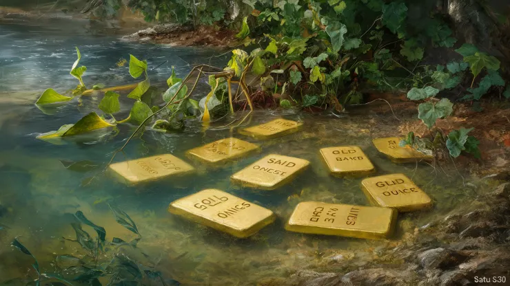 "A tranquil, natural landscape features a serene water body, possibly a pond or small lake. The clear waters reveal partially submerged gold bars displaying their weight in ounces. Surrounding this treasure trove are various aquatic and terrestrial plants, with verdant leaves and foliage flourishing at the water's edge. The artist, Satu S30, subtly signs their work, highlighting their extraordinary skill. A sense of calm and mystery permeates this exquisite scene, with a hidden treasure intertwined in the natural beauty."