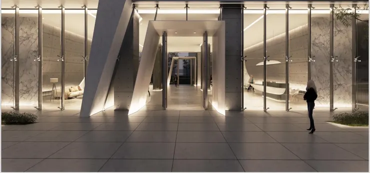 大器之帷幕，抓具玻璃中央鑲崁入近4米高薄型金屬門框架