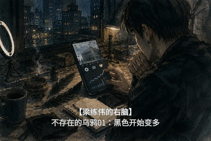 深夜工作室里，梁练伟看着短影音流量界面，桌上放着黑羽毛、香薰与直播设备