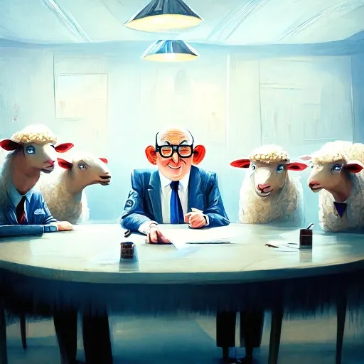 recraft.ai；prompt：A happy old man in a suit sits in a conference room (soft lighting), and a group of sheep wearing glasses and checkered shirts with disdainful expressions is having a meeting. On the conference table, there is a drawing of a large cookie. (嘗試了好多遍，怎樣都沒辦法讓AI畫大餅欸…)