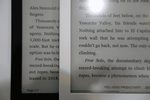 Libra 2的螢幕多了有紋路的塗層處理，文字不如Paperwhite 5清楚