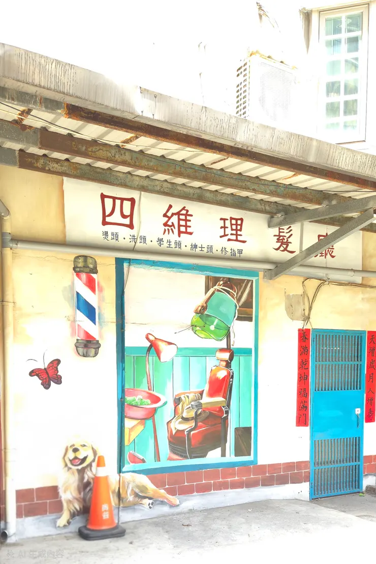 四維理髮廳：那根旋轉的三色燈（理容廣告燈）。補充一個小知識：早期的理髮師甚至兼任外科醫生或放血職務，所以三色燈管的紅（動脈）、藍（靜脈）、白（繃帶）是有歷史淵源的。那種看似巨大的電動吹風機（綠色大罩子）對年輕人來說像特攝片的科幻道具，但那是阿嬤們變漂亮的必經儀式（台灣話叫電頭毛）。