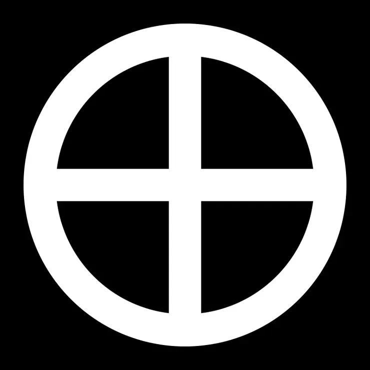 薩摩島津家家紋。Wiki Commons, "Maru ni Jū-monji (Kutsuwa) inverted.svg"