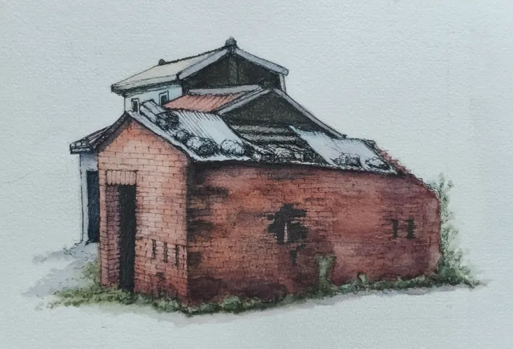 紅磚老屋，八開，代針筆+水彩，屋頂的石頭忘記上色。