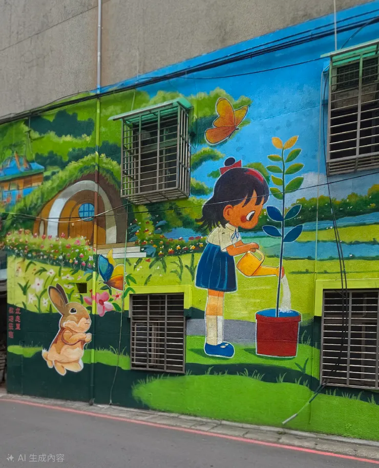 小女孩正提著水壺為盆栽澆水 。這組彩繪用稚氣的筆觸提醒我們：美，是需要時間與心力去澆灌的。 雖然這些牆面美得讓人停下腳步，但畫中的兩盆盆栽綠樹苗伸長了脖子，似乎在吶喊「去吧！去看看真實的世界。」