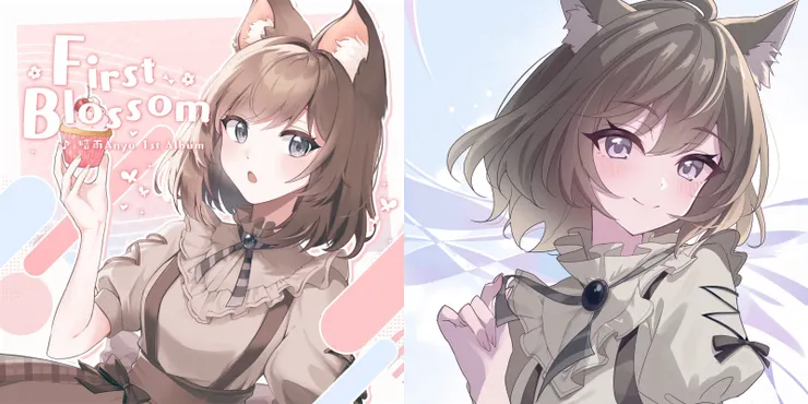 左：《First blossom》專輯封面，封面女角亦為暗雨在網路上活動的形象；右：暗雨頭貼（繪師：negiYY _ Twitter @0mmnrm0）