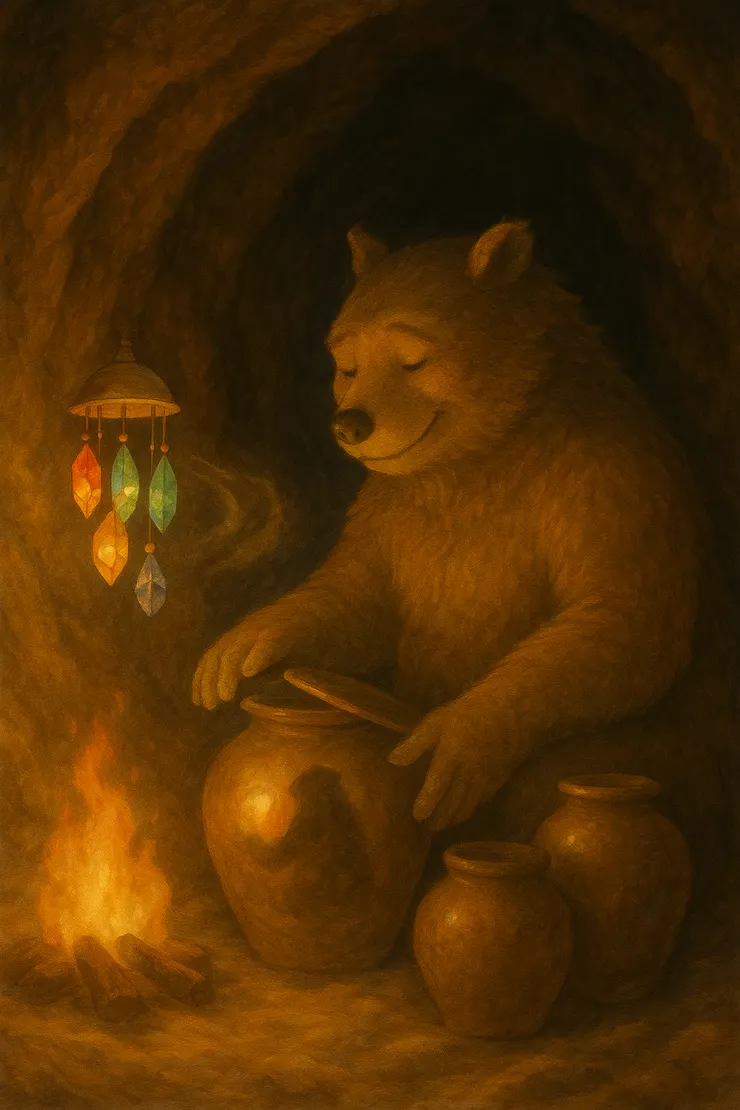 甕中盛滿夜露與心聲，一如那雙溫柔的眼眸，靜靜承接了巨獸滾燙的情緒洪流。