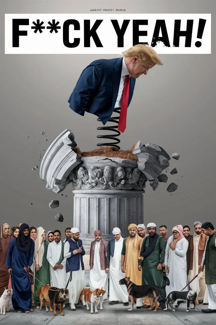 A provocative and satirical collage that depicts a broken and failed pedestal, symbolizing a crumbling authority. President Trump, with his head on a spring, is shown standing on this pedestal, looking down at a diverse group of Pakistanis who are accompanying their pets - dogs and cats. The title 'F**ck yeah!' is written in bold fonts, suggesting a sense of rebellion or defiance against the depicted authority. The overall tone of the image is humorous and politically charged.