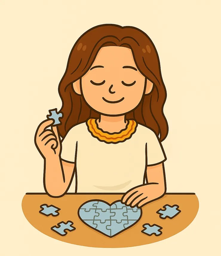 有時候我都覺得，自己很像在拼一幅專屬於自己的拼圖， 把散落在各地的碎片，一片一片慢慢找回來。  每片拼圖，都是我的一個模樣— 任性、愛哭、脆弱、逞強、害怕、迷糊、樂觀、溫柔、勇氣… 或許每一片看起來都有點不完美，甚至有些衝突， 但當它們被拼在一起時， 那才是最真真實實的我—屬於我，真正的樣子。