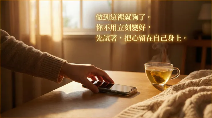 今晚先做到這一步就好：喝口水、拉開窗簾、踩地 5 秒。你再看也行，只是先別讓他決定你今天怎麼開始。｜撤掉待命 30 秒・悅安身心診所（新北中和／永和／景安）