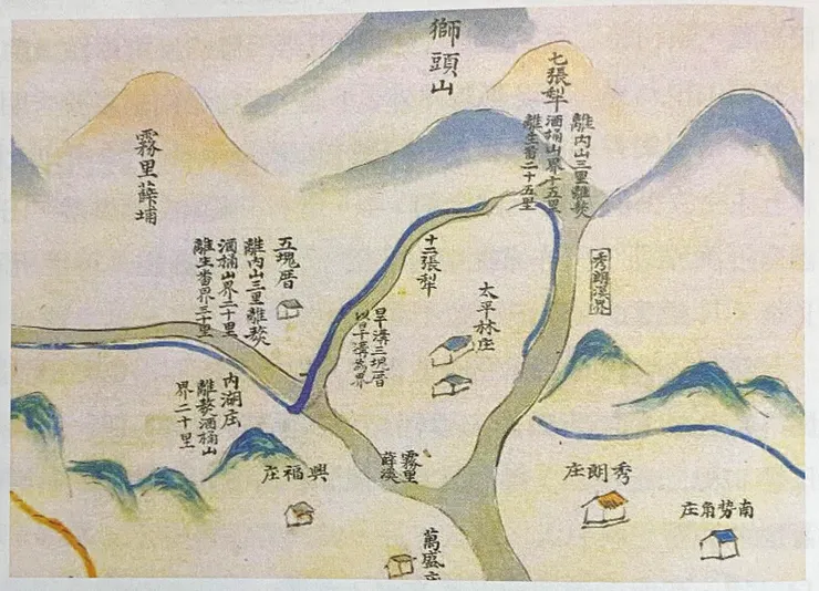 乾隆中葉的「台灣民番界址圖」中，可見興福庄與萬盛庄，當時大坪林圳已開鑿（圖片來源：中央研究院傅斯年圖書館/翻攝自《瑠公大圳》）