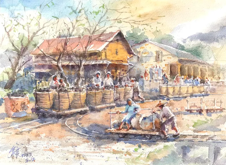 畫家Barry Huang 以水彩描繪百年前景美輕便車的景象（圖片來源：水彩世界 / 作者Barry Huang）