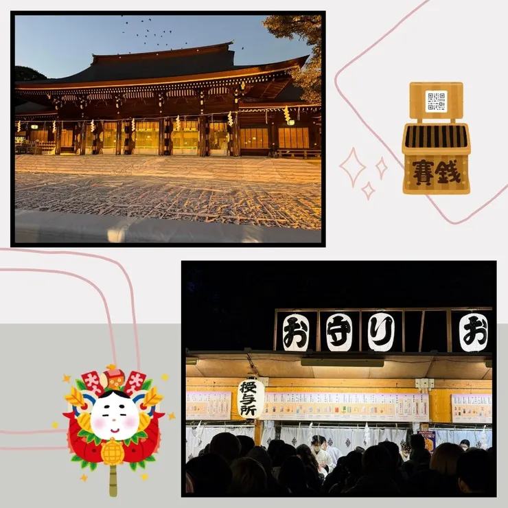 拍攝於明治神宮 左上：超大一片賽錢的地方／右下：買御守的櫃檯也是排滿人潮