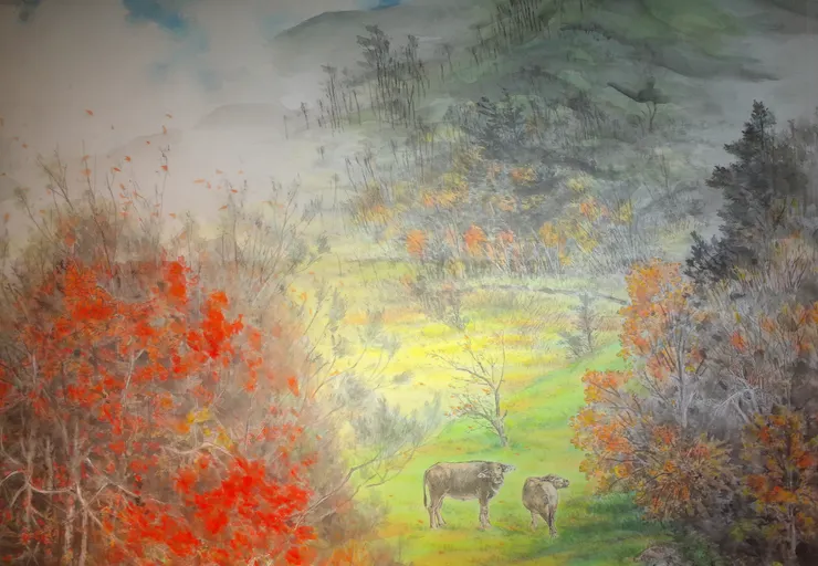 〈溪原散牧〉局部－草原、紅木