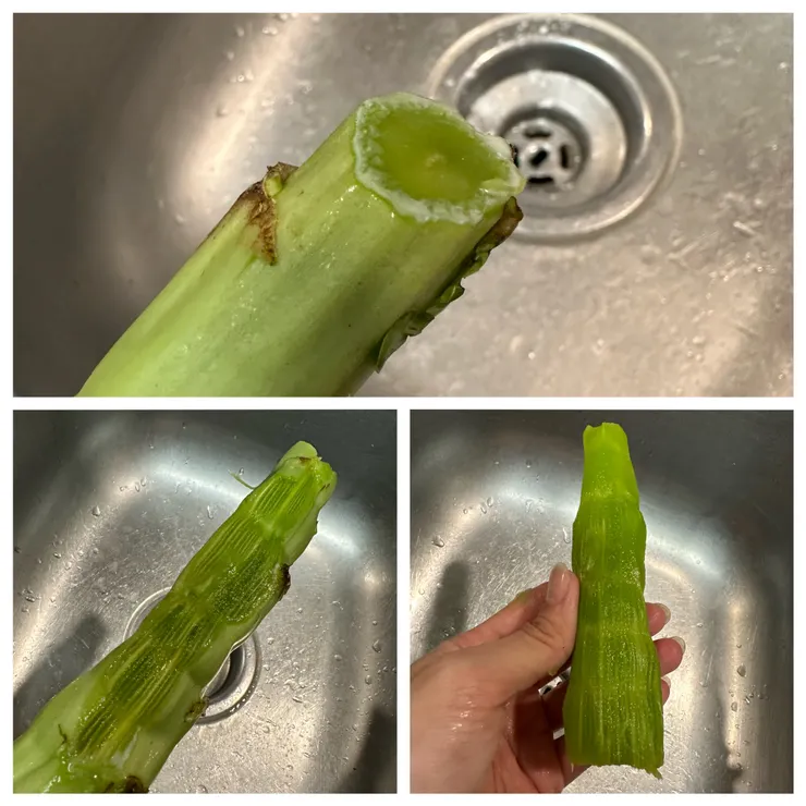 萵筍去掉葉子，用削皮刀削掉白色纖維部分