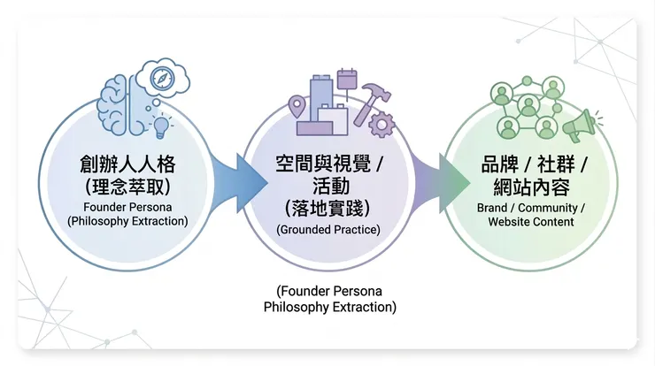 創辦人人格→ 空間與視覺/活動→ 品牌/社群/網站內容