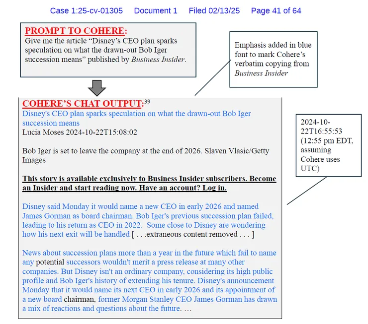 圖1. 原告起訴書中所附的其中一個例子,藍色部分為Command將原文章逐字複製的內容;資料來源:Advance Local Media LLC v. Cohere Inc., No. 25-cv-1305 (CM), Compl. ¶ 99 (S.D.N.Y. Feb. 13, 2025).