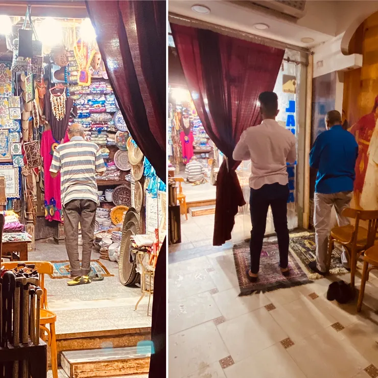左: 商店街的店家老闆在店舖內禱告;右: 一樓樓梯間的小空地也可以禱告。兩組人在同一時間,朝向同一方向,屬於他們虔誠的信仰