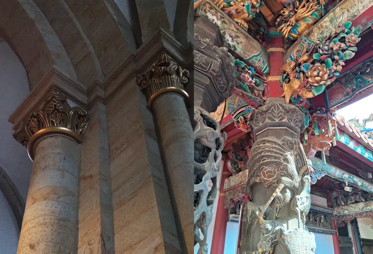 左圖德國Osnabrück的教堂柱頭裝飾；右圖為台灣雲林麥寮拱範宮的白菜頁柱頭構造（圖片為版權所有，請勿挪為他用）