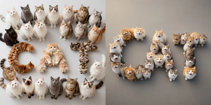 Prompt: A photograph from above of dozens of cute, fluffy cats arranged to form the letters C, A, and T. The cats should look happy and playful, full color, high detail, photographic. (左：Z-Image-Turbo 右：FLUX-2 [dev])
