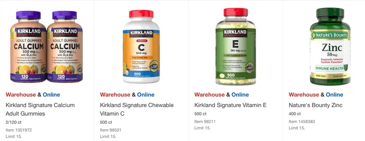 Kirkland 鈣＋D3 $19.49、維他命C $15.49、維他命E $13.49、Nature's Bounty 鋅 $13.49。