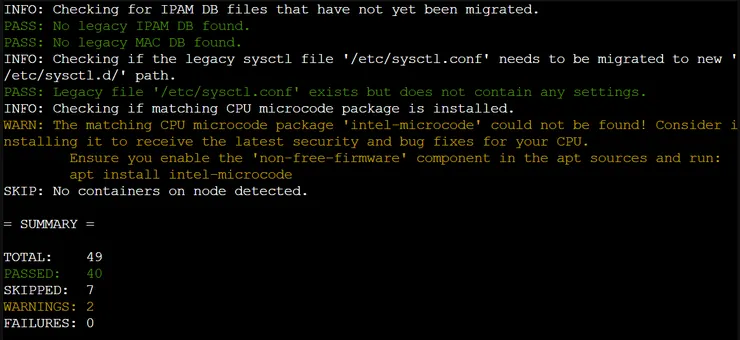 PASS: 沒問題，可以繼續。  WARN: 建議修復，通常不影響升級，但可能影響特定功能。  FAIL: 必須修復，否則升級極大機率失敗。