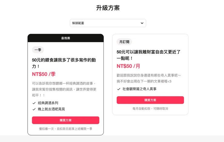 『晚上就去酒吧晃晃』系列訂閱方案